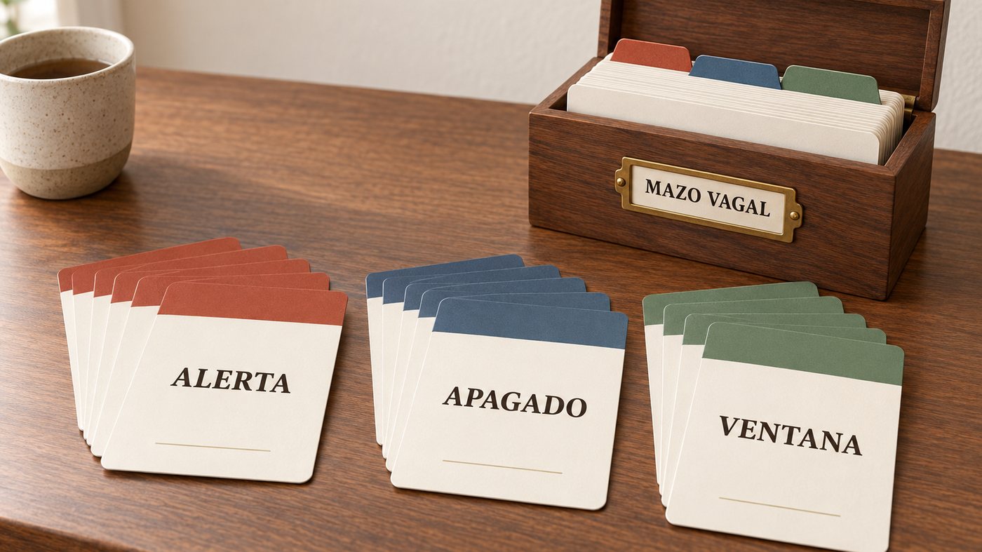 El Mazo Vagal abierto en tres filas de cartas roja, azul y verde sobre el escritorio de una consulta