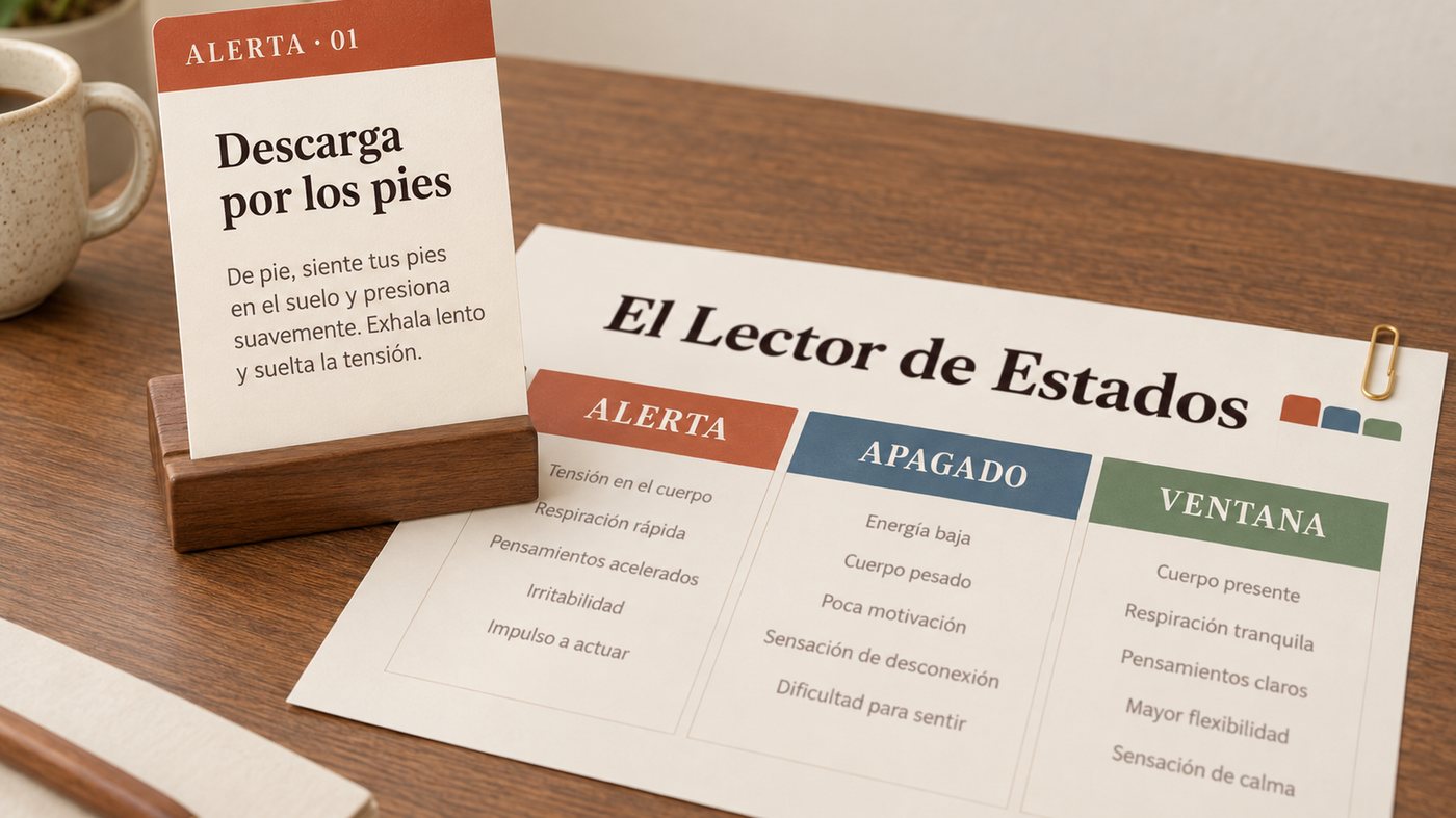 Una carta roja de estado alerta en primer plano, sostenida sobre el Lector de Estados en el escritorio de una consulta